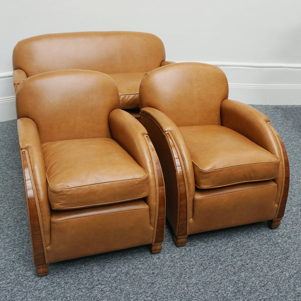 Vintage Art Deco Three Piece Lounge Suite Leather and Walnut Circa 1935 - Jeroen Markies Art Deco