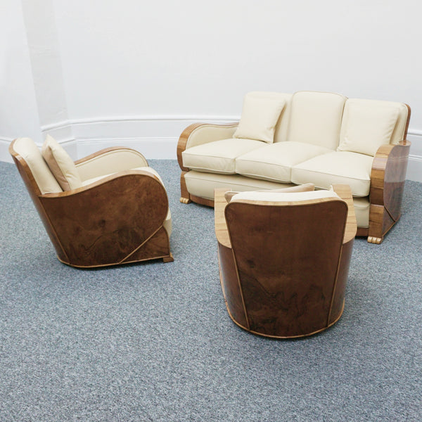 Art Deco Three Piece Lounge Suite Burr Walnut and Cream Leather - Jeroen Markies Art Deco 