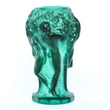 Bohemian malachite jade glass vase. Encircled raised relief of women collecting harvest at Jeroen Markies.