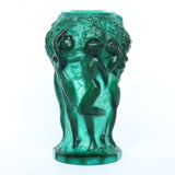 Bohemian malachite jade glass vase. Encircled raised relief of women collecting harvest at Jeroen Markies.
