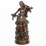 Captive, an Art Nouveau rich brown patinated bronze figure of a scantily clad young lady. Signed Hip Moreau to cast, and with title plaque to front at Jeroen Markies