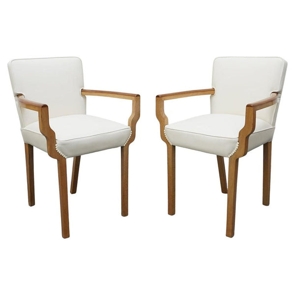 Art Deco White Leather and Walnut Side Chairs Vintage Original Art Deco - Jeroen Markies Art Deco