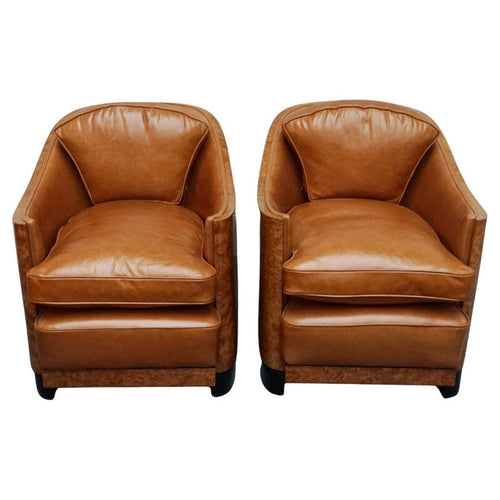 Pair of Vintage Maurice Adams Art Deco Club Lounge Chairs in Burr Walnut with Brown Leather Re-upholstery - Jeroen Markies Art Deco